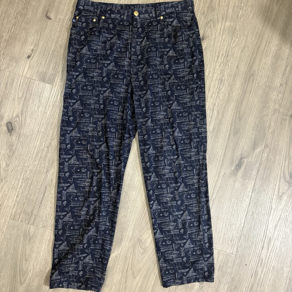 Lauren Ralph Lauren Navy Nautical Boat Print Crop Pants Sz 12 High Rise Preppy